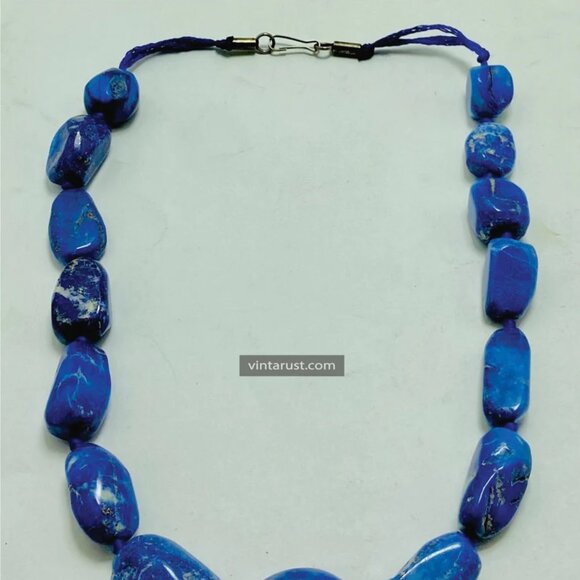 Handmade Lapis Lazuli Gemstone Necklace, Vintage Beaded Stone Necklace, - Picture 6 of 10